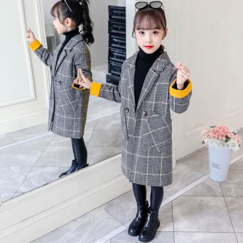 Autumn Girls Woolen Jackets Kids Plaid Thin Coats Children Spring Clothes Warm Casual Kids Girls Outwear Long Jacket Parkas