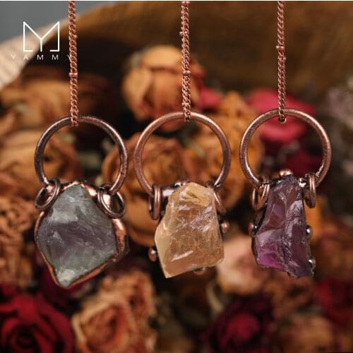 Natural Citrine Amethyst Fluorite Pendant,Irregular Crystal Bronze Material Connector Necklace Jewelry,Contains the chain