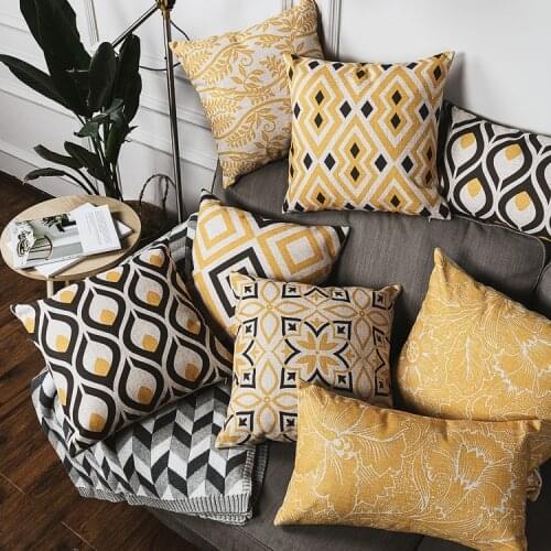 Drop Ship Linen Cotton Pillow Cover Geometric Yellow Black Cushion Cover Home Decorative Pillow Case 45x45cm/30x50cm