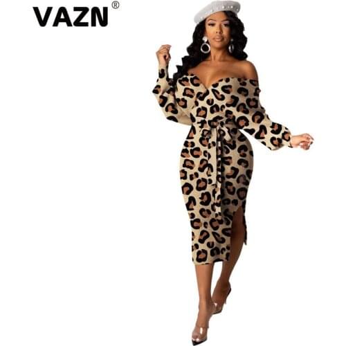 VAZN 2020 Top Quality Plus Size Leopard Sexy Backless Sweet Full Sleeve Lace Up High Waist Women Pencil Thin Midi Dress