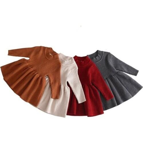 KOKI Toddler Baby Girl Knit Sweater Dress Cute Kids Solid Ruffle Long Sleeve Dresses Top Fall Winter Warm Outfits Clothes