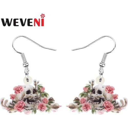 WEVENI Acrylic Halloween Flower Skull Earrings Long Aesthetic Skeleton Dangle Drop Jewelry For Women Girls Charm Gift Jewellery
