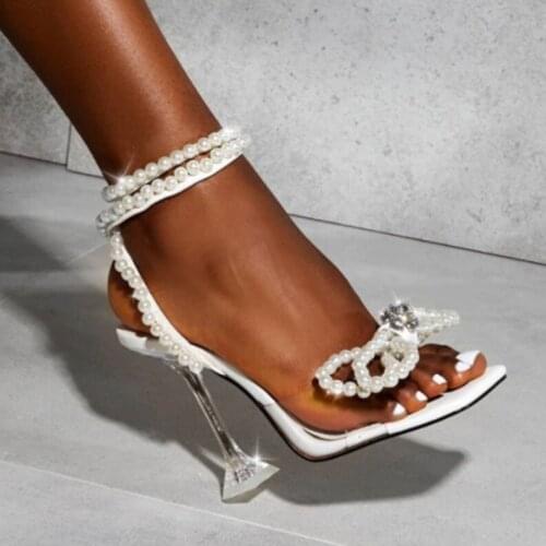 2021 Women Gladiator Sandals shoes Sexy White String Bead high heels Sandals Summer Party Dress shoes Buckles pumps size 42