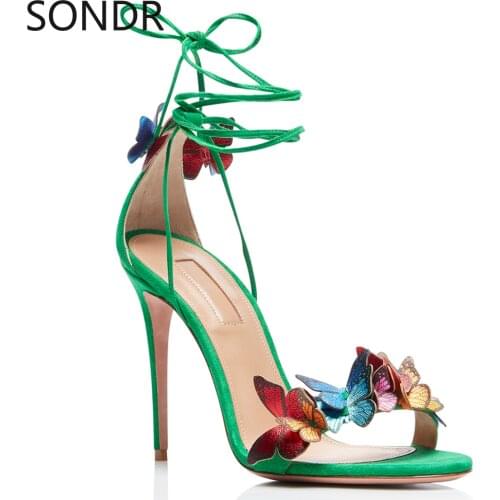 Womens Peep Toe Stilettos High Heel 3D Butterfly Colorful Ankle Straps Pumps Sandals Shoes Summer 3Colors