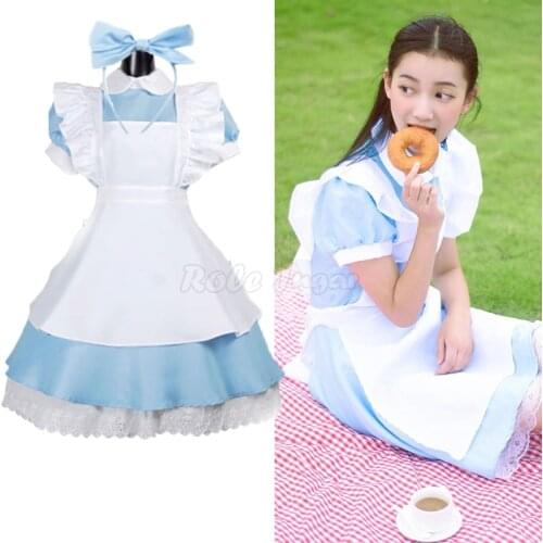 Women Costume Alice Outfit Maid Dress Up Lolita Cosplay Alice In Wonderland Sissy Halloween Party Dresses for Kids Girls E24A33