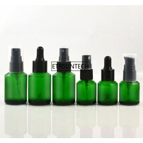 100pcs 15ml 30ml Empty Green Blue Glass dropper bottle Vial Spray refillable Pump bottle package with black lid F2690