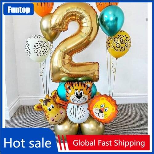 18Pcs Jungle Animal Balloons Set 32inch Number Globos Chrome Metallic Latex Balloon Birthday Party Decorations Kids Baby Shower