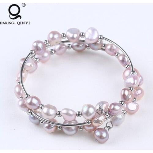 Stainless Steel Baroque Shape Freshwater Pearl Wire Bracelets For Woman