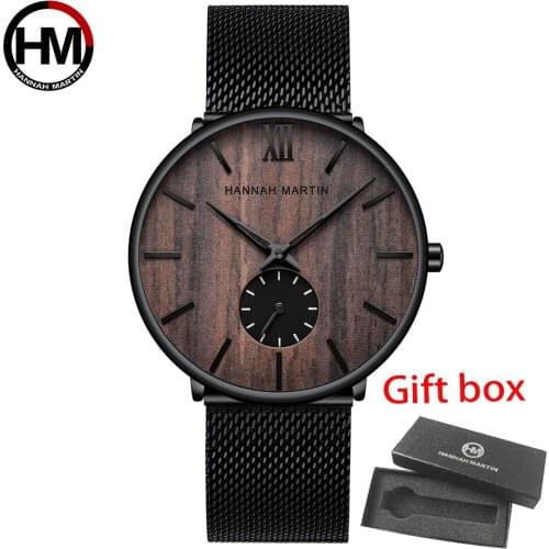 Hannah Martin Minimalist Clock Male Stainless Steel Mesh Simple Quartz Watch Wood Grain Dial Watch For Men reloj hombre Relogio