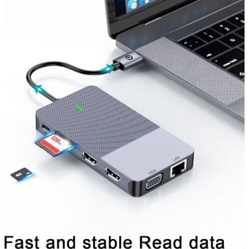 H7JA USB Type C Docking Station 11 in 1 Hub 2x HDMI-Compatible VGA Lan USB3.0 Rj45 TF SD Splitter HDD for Monitors