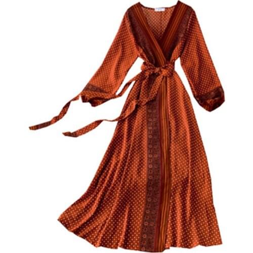 Elegant printing Women Dress Autumn Long Sleeve Vintage V-neck Printed laces are slim and thin Dress Fashion Split A-line Dresse