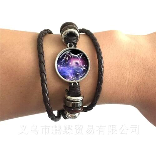 Classic Black/Brown Leather Bracelet Wolf Head Pattern Glass Metal Buckle Punk Jewelry Weave Multilayer Bracelet Charm