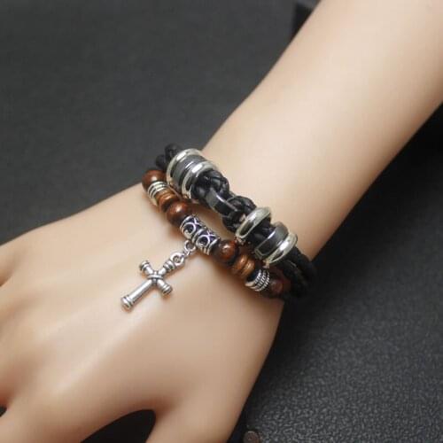 Cross Bracelet Mans Leather Bangle Multilayer Vintage Woven Charm Adjustable Fashion Jewelry