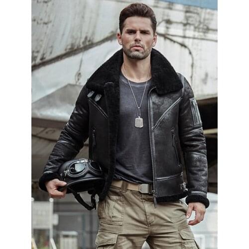 2019 New Mens Black Shearling Jacket B3 Flight Jacket Sheepskin Aviator Winter Coat Fur Bomber Leather Jacket