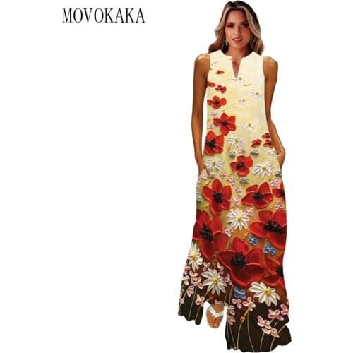 MOVOKAKA Floral Print Long Dress Women 2021 Summer Beach Sleeveless Elegant Dress V Neck Casual Plus Size Vestidos Dresses Woman