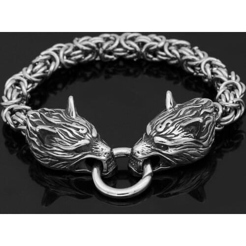 Norse Men stainless steel King chain viking wolf head bracelet 17-25 CM