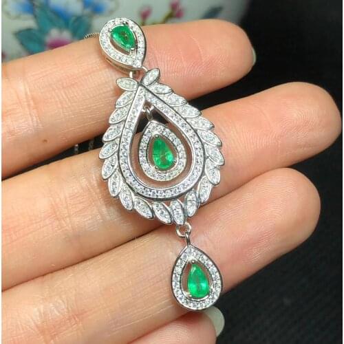 Natural green Emerald pendant S925 silver Natural gemstone Pendant Necklace Restoring Feather water drop women party jewelry