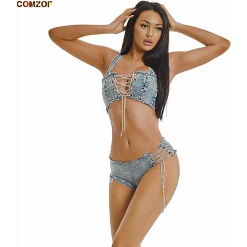 Newest Women Denim Bikini Swimming Suit Chain Bandage Sexy Low Waist Shorts+Sexy Bra Swimwear 2 Piece Set Beachwear Clothing