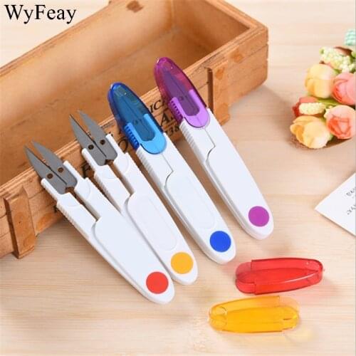 Plastic Handle Safety Cover Sewing Scissors Thread Embroidery Cross-stitch Cutter Portable Cutter Mini Spring U Shape Scissors