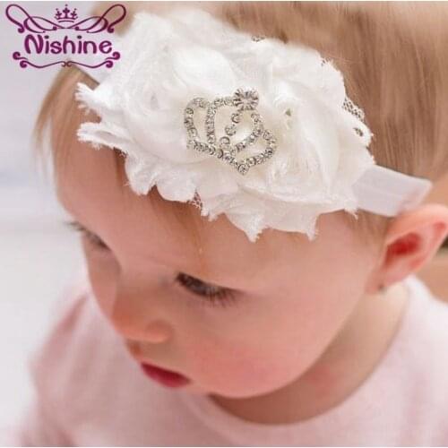 Nishine 15 Colors Newborn Shabby Flower Headband With Rhinestone Crown Birthday Gift Kids Hair Accessories Photography Props