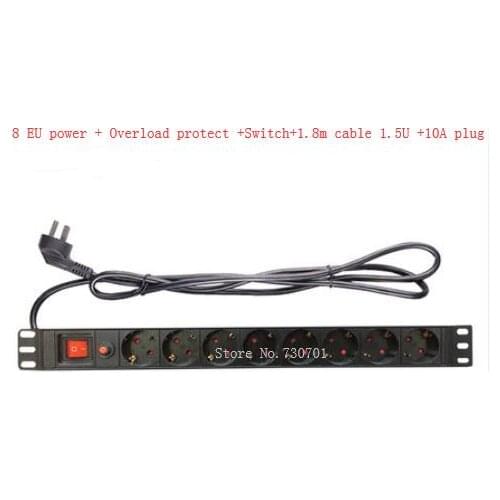 2019 PDU 1.5U 8 EU Plug Outlets 10A 220V-250V Power Charge Socket with 1.8m Extension Cable Custom cable air switch other power