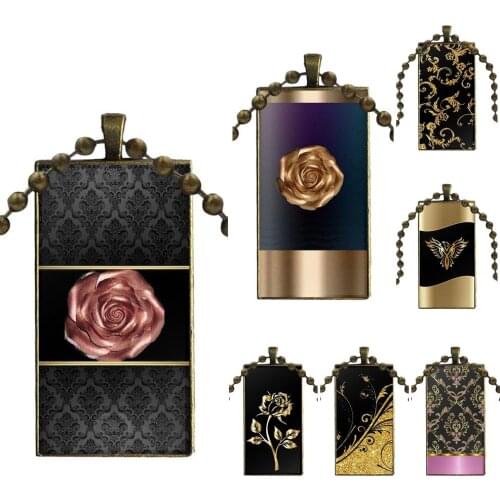 For ValentineS Day Gift Black Gold Flower Floral Rose Printed Glass Cabochon Pendant Necklace Rectangle Fashion Necklace