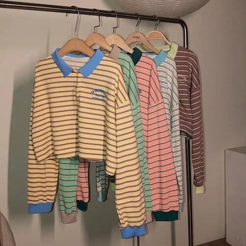 Striped Sweatshirt Polo Collar Cropped Hoodie Korean 2021 Women Vintage Long Sleeve Tops Short Hoodies Oversized For Teens Girls