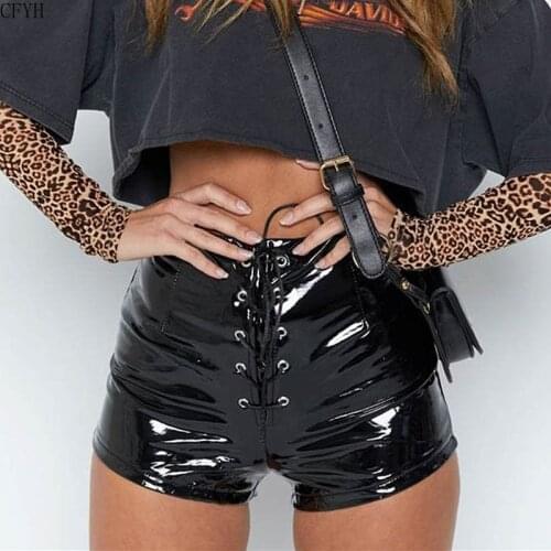 Lace Up Elastic Waist Pu Leather Shorts Summer 2019 Black Red Sexy Fashion Tie Up Shorts Streetwear Club Clothing Lady