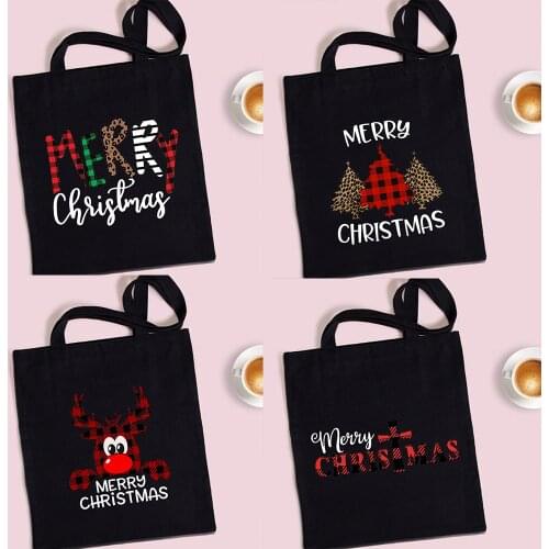 Women Shopping Bags Female Canvas Cloth Shoulder Bag Deer Tree Print Storage Handbag Reusable Foldable Eco Totes Christmas Gifts