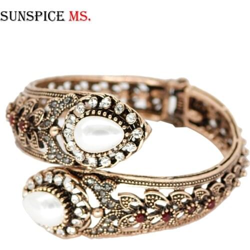 SUNSPICE-MS Retro Vintage Bangle Turkish Women Imitation Pearls Cuff Bracelet Antique Gold Color Ethnic Wedding Wrist Jewelry