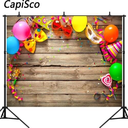 Capisco Colorful Birthday Carnival Party Items On Wooden Pictorial photo Photography Background Computer Printed Vinyl Backdrop
