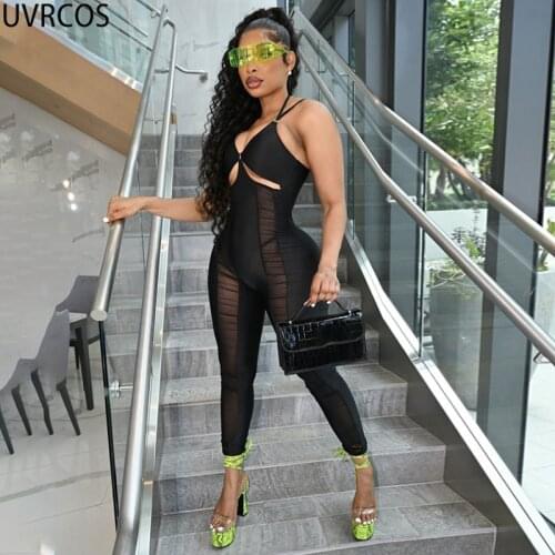 UVRCOS Combinaison Femme One Piece Outfits Summer Y2K Clothes Sexy Mesh Patchwork See Through Cut Out Club Straple Tank Jumpsuit