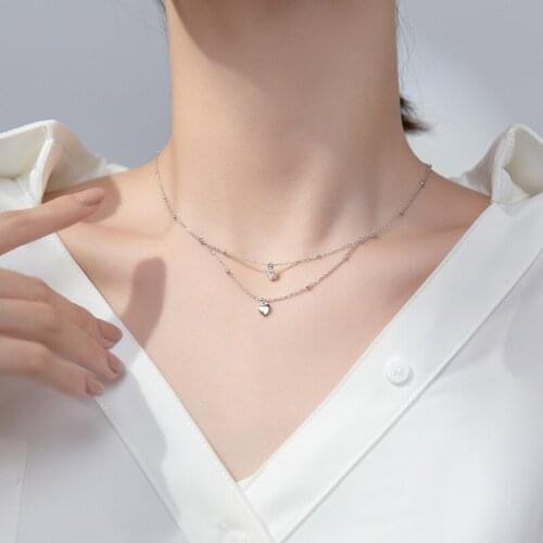 100% real Sterling Silver 925 Fine Jewelry Rows /Double Layer Star Heart Necklace Zircon Pentagram GTLX2051