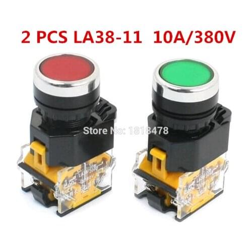 2 pcs LA38-11 22mm Panel Cutout Dia 10A 380V DPST Red Green Momentary Push Button Switch