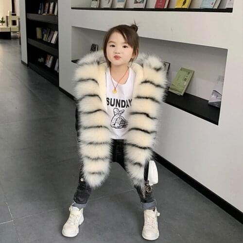 2019 Fashion Winter Jacket Girls Fur Coat Fluffy Faux Fox Fur Collar Long Parkas Girls Boys Big Fur Outerwear Detachable TZ471