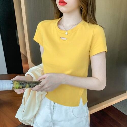 2021 Casual Cotton Basic T-shirt Short Sleeve Knitted Tee Shirts Female Solid Tees Ladies Summer Tops Harajuku New