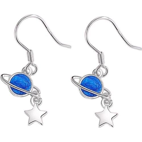 925 Sterling Silver Drop Earrings for Women Blue Starry Sky Moon Universe planet Earring Jewelry Real S925 Silver Earring Female