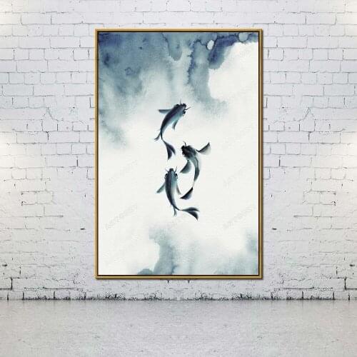 Artcozy Oil Canvas Painting fondo blue watercolor fish For Home Decoration Wall Art