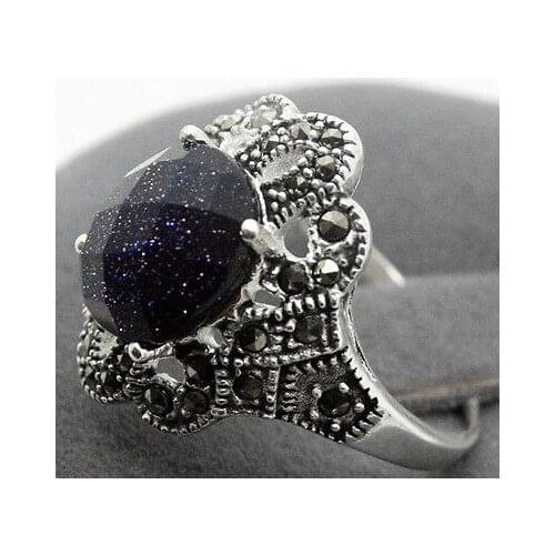 FREE shipping 17x22MM Blue Sandstone Oval Gem 925 Sterling Silver Marcasite Ring Size 7/8/9/10