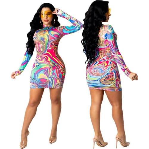 DY6674 Wholesale Items Printed O Neck ClBodycon Printed MiDress Casual Long Sleeve Sexy Long Maxi Dresses