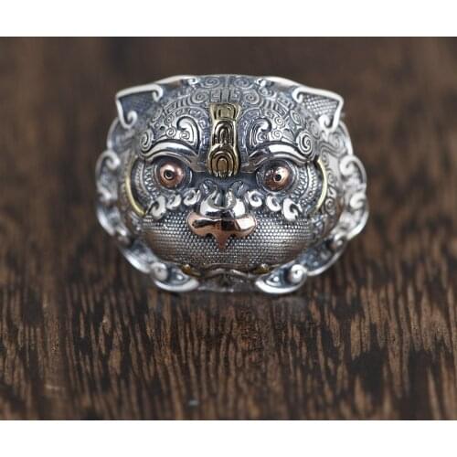 Chinese Ethnic Style Silver Plated Pi Xiu Ring Feng Shui Good Lucky Wealth Ring Mythical Animal Mens Ring Anniversary Jewelry