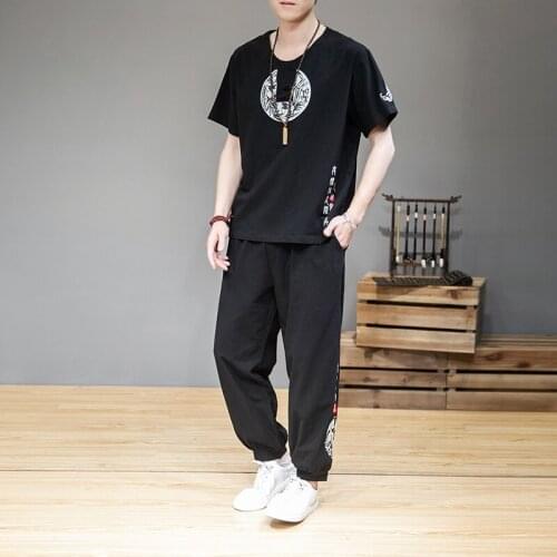 MenS Sets Embroidery Chinese Style Summer Loose Tracksuit Mens 2020 Casual Cotton Linen Suit Male Clothing Two-Piece Set 10656