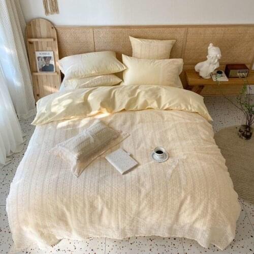 Egyptian Cotton Lace Girls Duvet Cover Set Light Yellow Lace Farmhouse Bedding King Queen 4Pcs(Duvet Cover+Bed Sheet+Pillowcase)