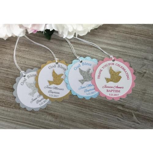 Custom name dove First Communion Christening favor baby shower Gift Tags welcome favors Labels baptism birthday booking Cards