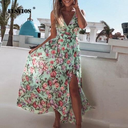 Sexy Deep V-neck Floral Print Party Dress Women 2020 Summer Sleeveless Elegant Chiffon Dress Spring Split Long Dresses Vestidos