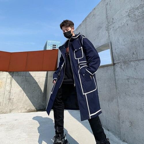 2021 Hot Male Fashion Windbreaker Spring Autumn Hooded Overcoat Trench Coat Men Streetwear Long Jacket Hip Hop Line