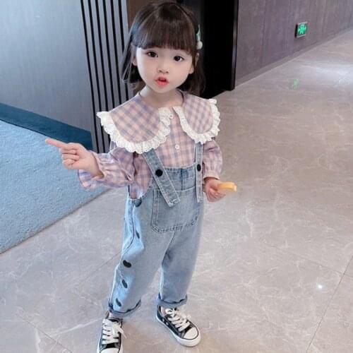 2021 Spring Autumn New Girls' Suit Childrens Korean Style Two Piece Suspenders Denim Pants Girl Clothes Casual Striped Shirt