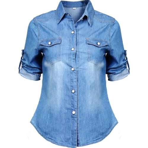 Retro Women Casual Blue Jean Soft Denim Longsleeve Shirt Tops Casual Turn-down Collar Regular Shirt Fashion Tops