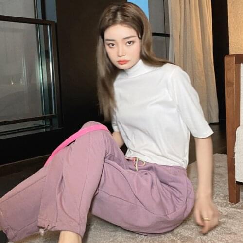 2021 New Women Summer White Cotton T-shirts Half Turtleneck Short Sleeve Tshirts Elegant Pullover Tee Casual Tops