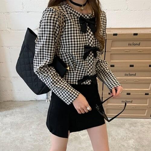 2020 Korean Plaid Blouse women Autumn Long Sleeve Bow Blouses Tops Streetwear Kawaii Shirts blusas mujer